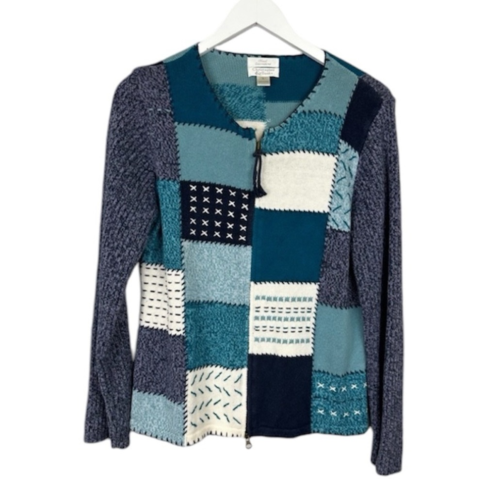 Christopher & Banks Hand Embroidered Quilt Patchwork Zip Sweater Size Large